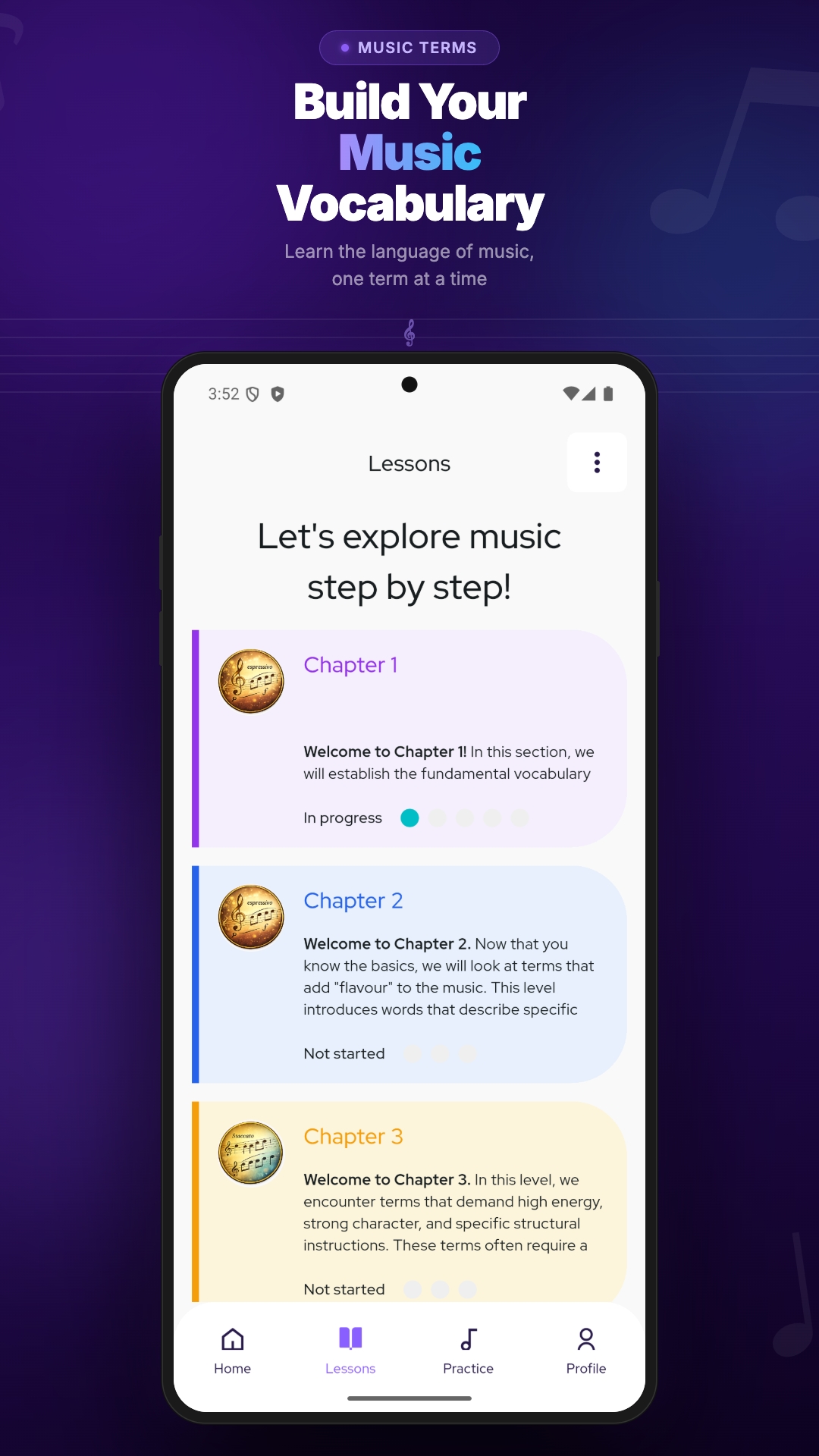 Music Terms app showing the Lessons screen