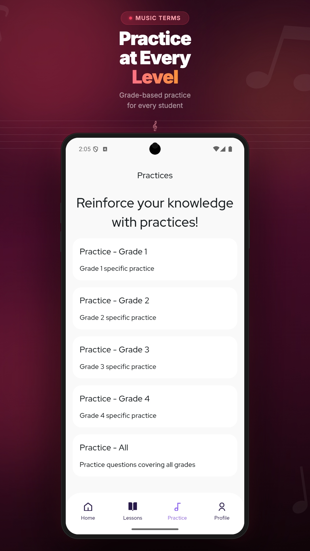 Grade-based practice selection in the app